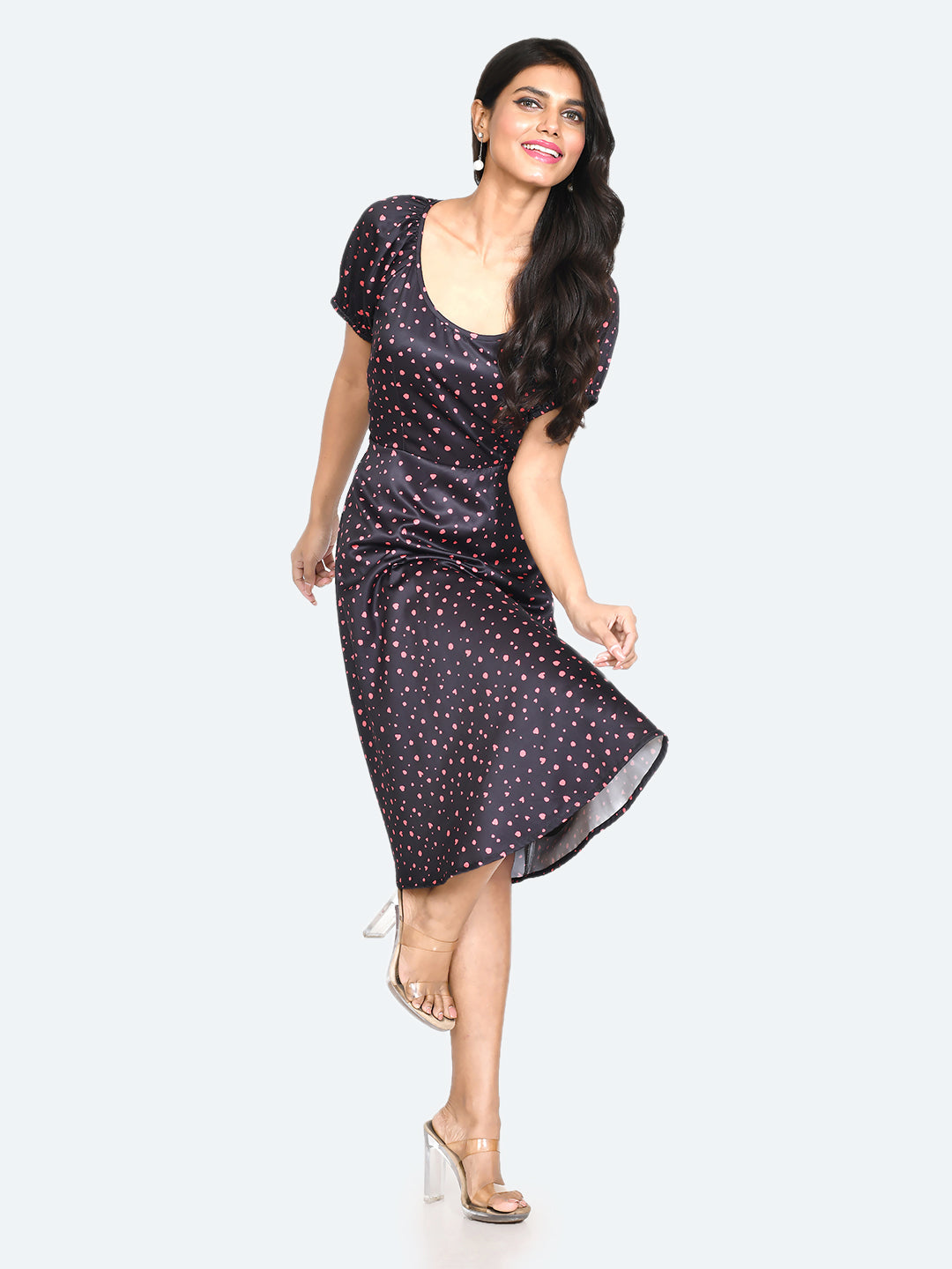 Black Printed Puff Sleeve Midi Dress