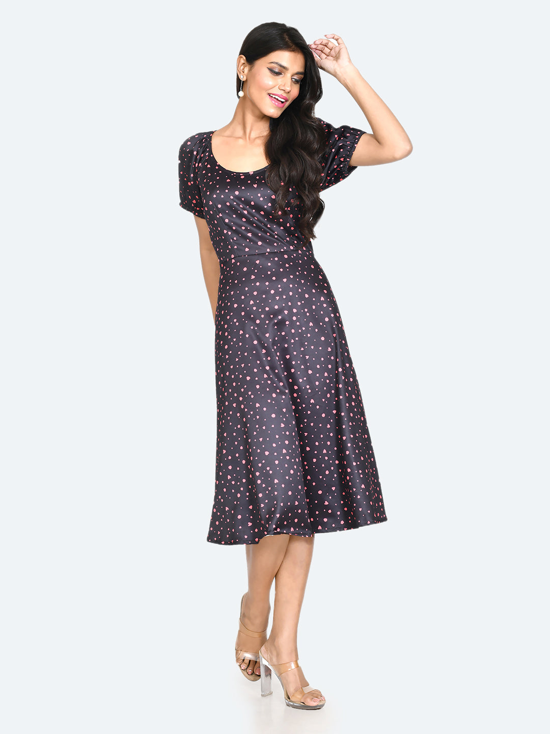 Black Printed Puff Sleeve Midi Dress