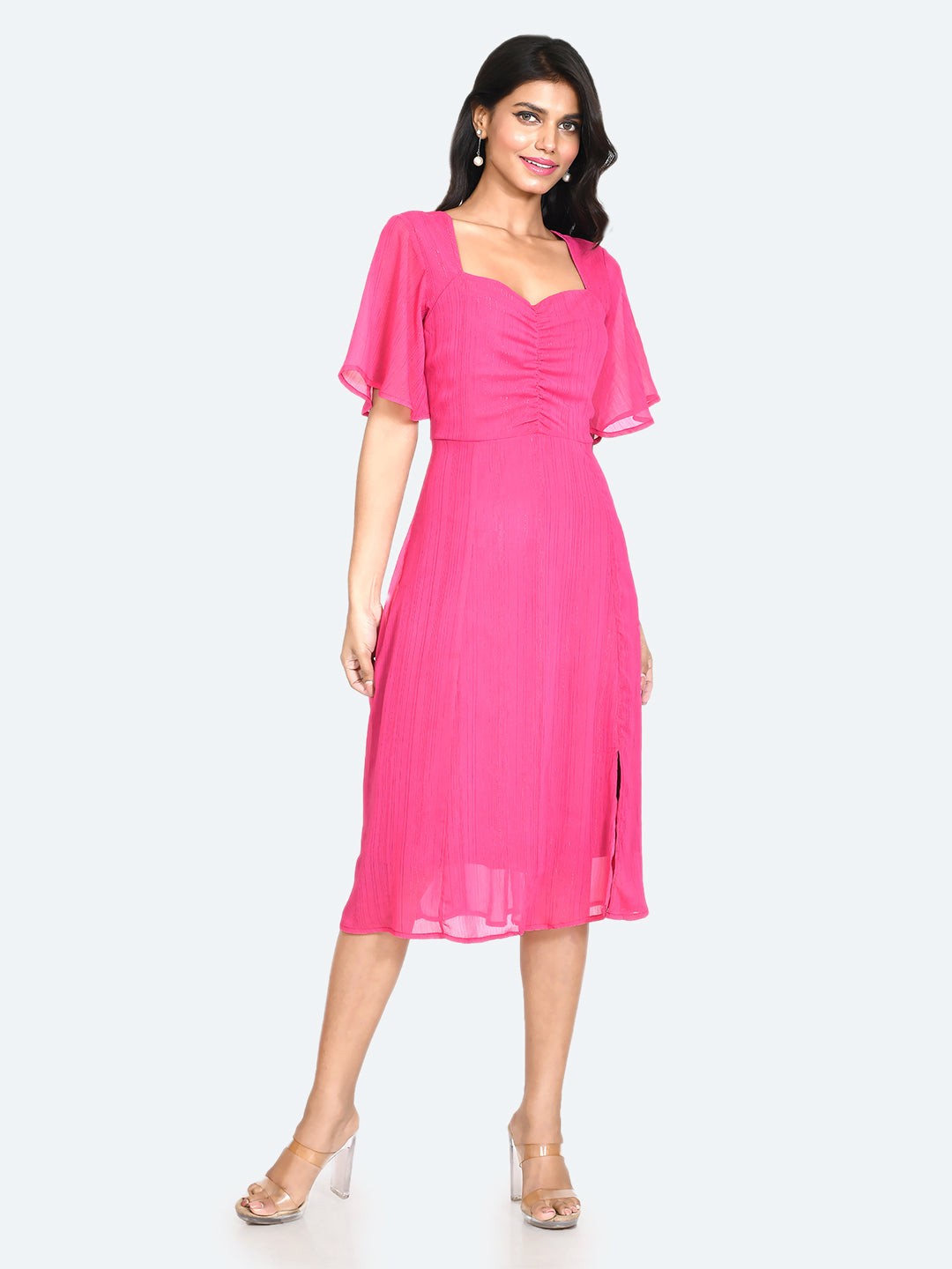 Pink Solid Ruched Midi Dress