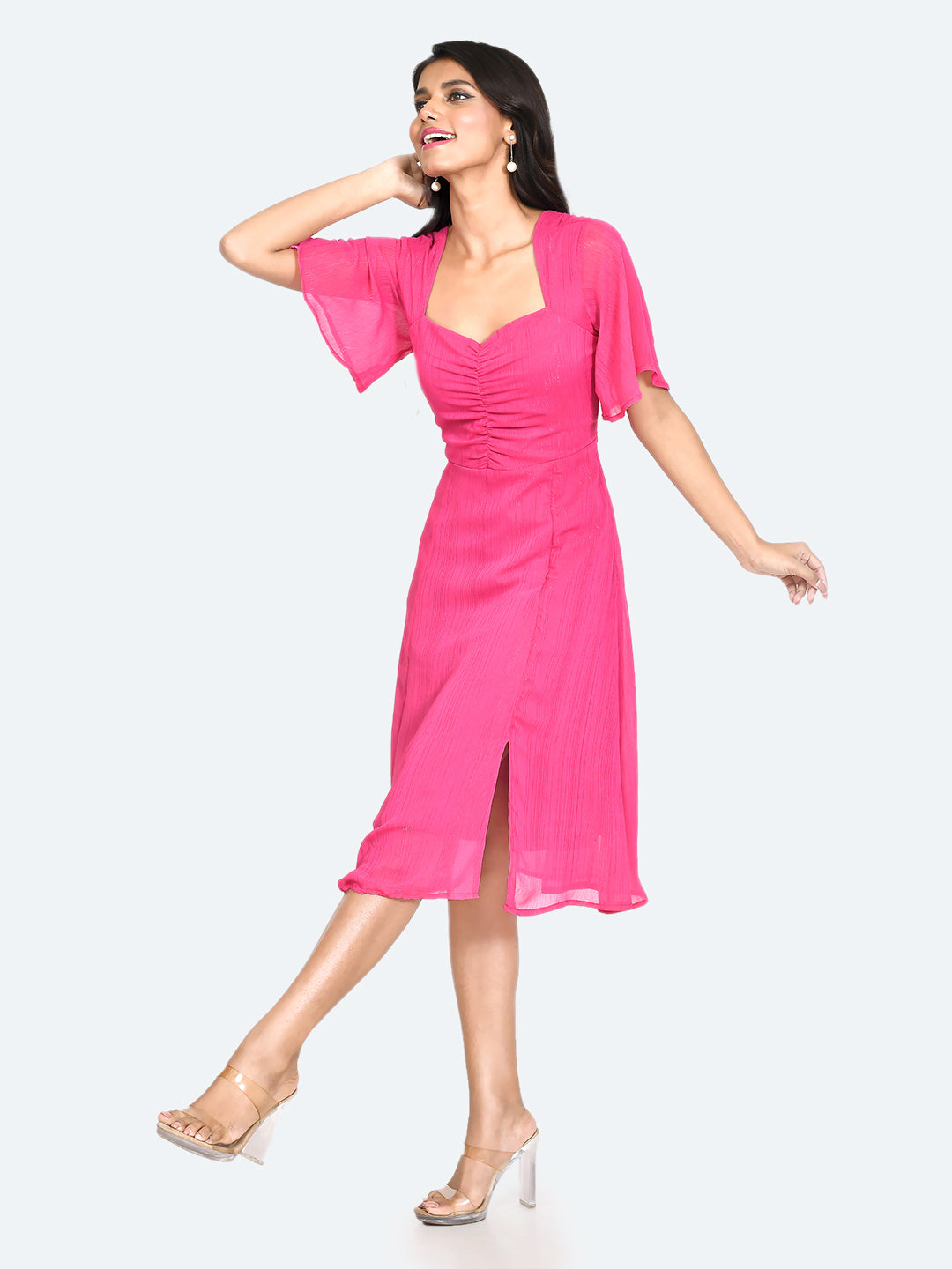 Pink Solid Ruched Midi Dress For Women