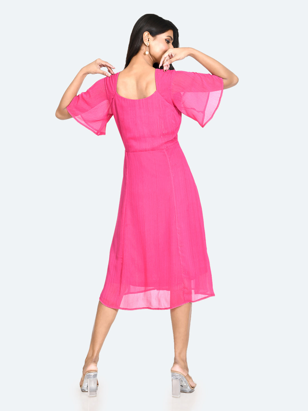 Pink Solid Ruched Midi Dress