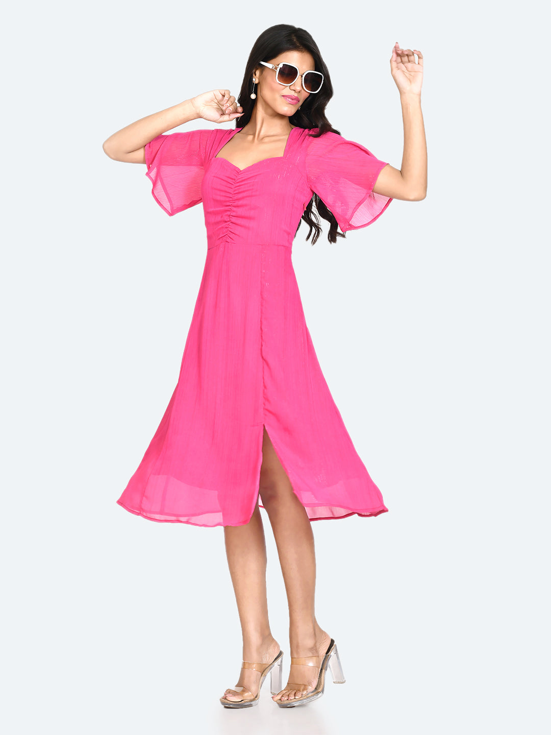 Pink Solid Ruched Midi Dress For Women