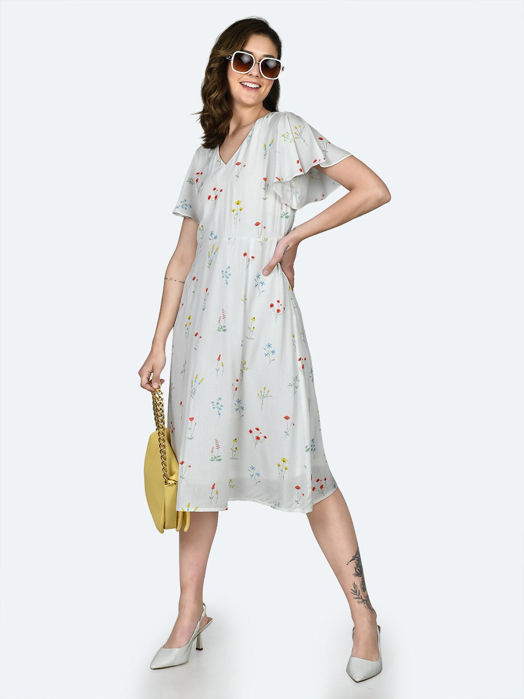 White Printed Flared Sleeve Midi Dress
