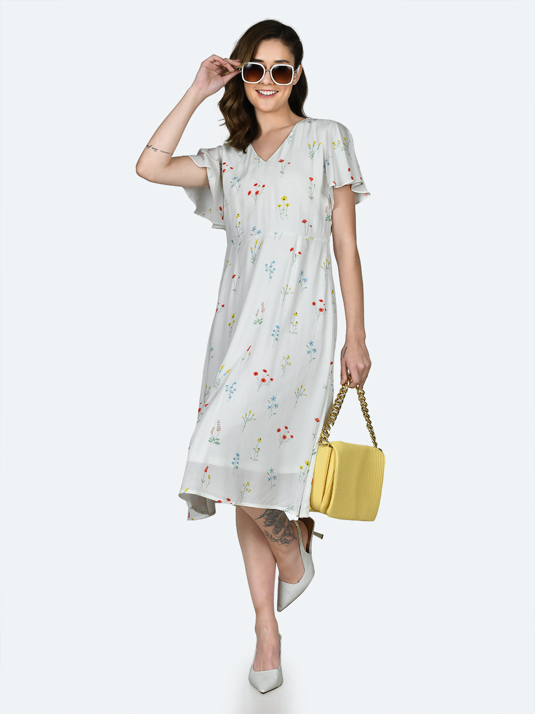 White Printed Flared Sleeve Midi Dress
