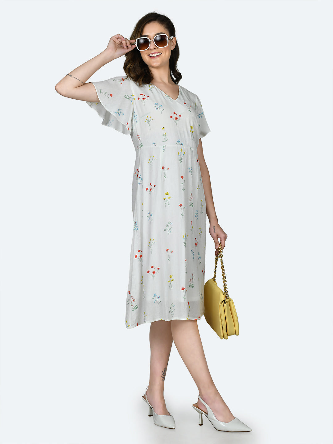 White Printed Flared Sleeve Midi Dress
