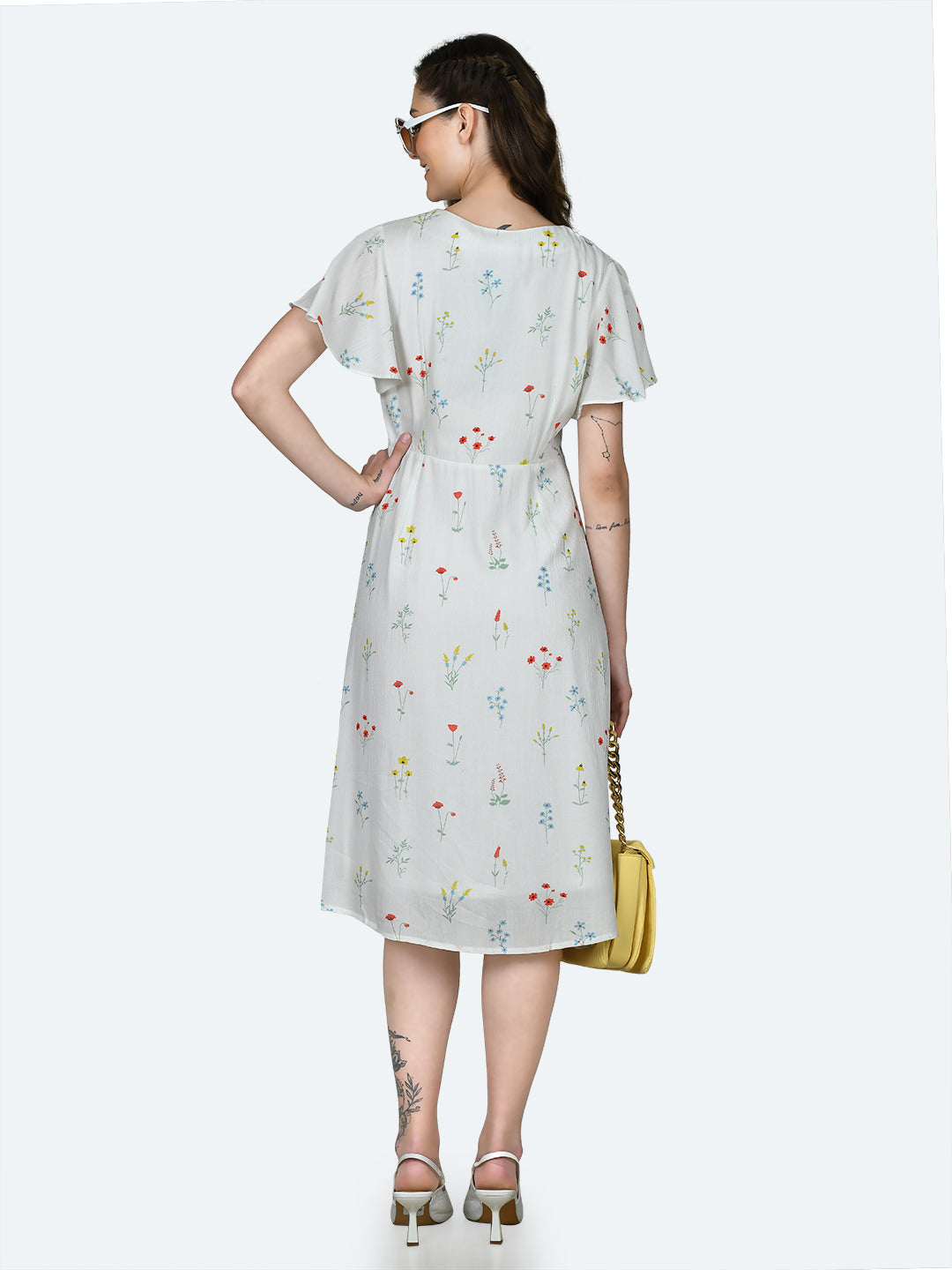 White Printed Flared Sleeve Midi Dress