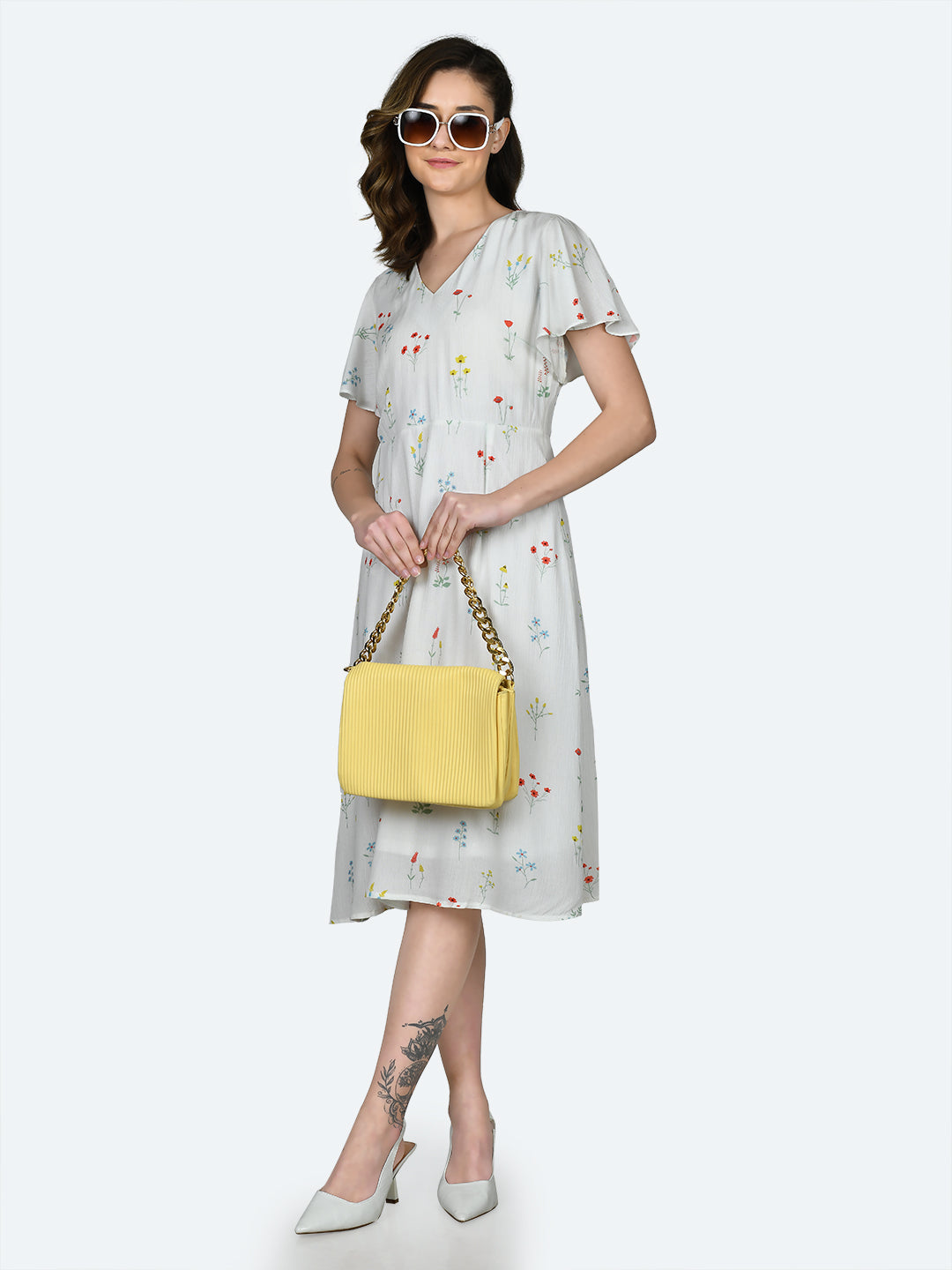 White Printed Flared Sleeve Midi Dress
