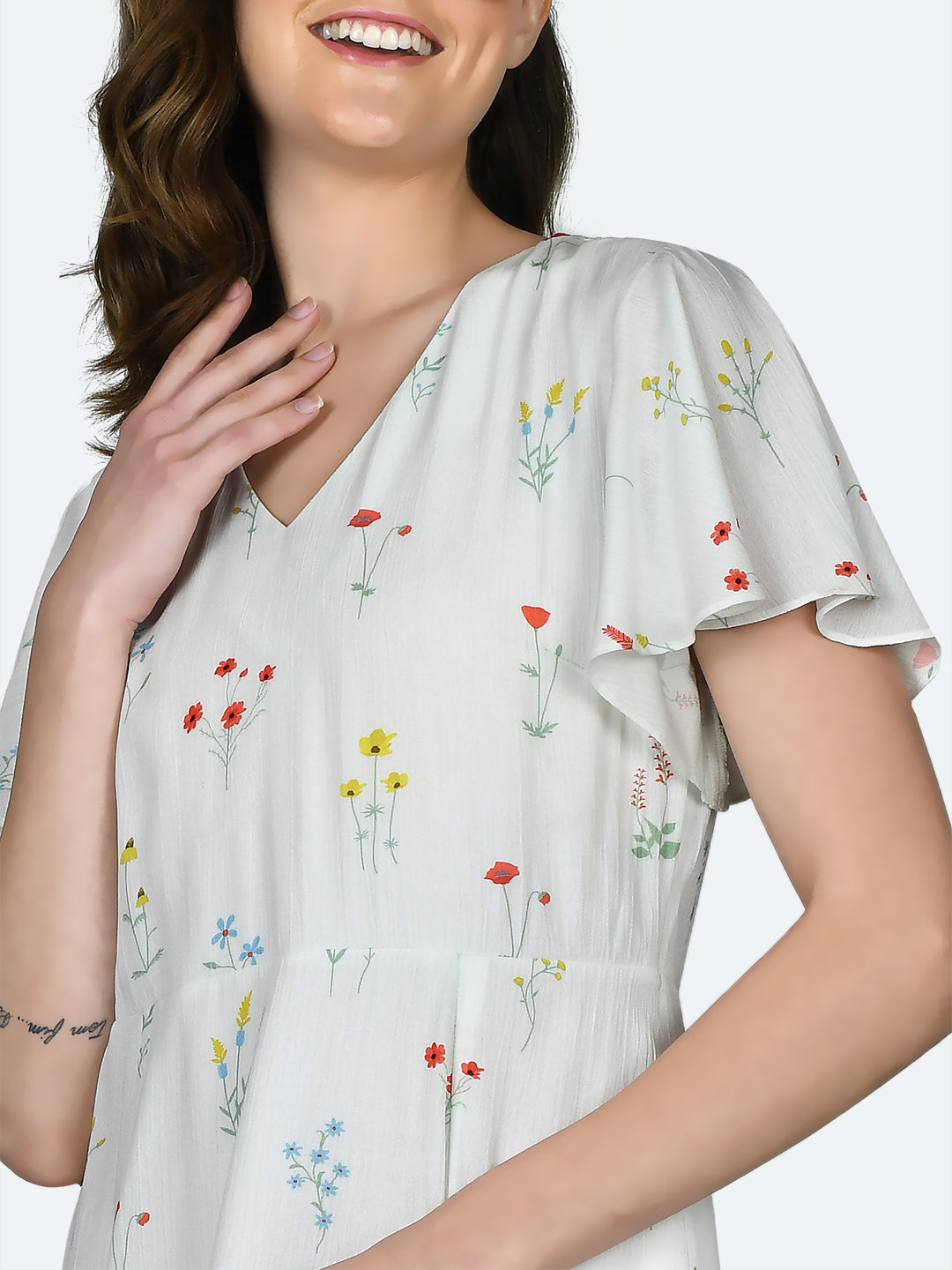 White Printed Flared Sleeve Midi Dress