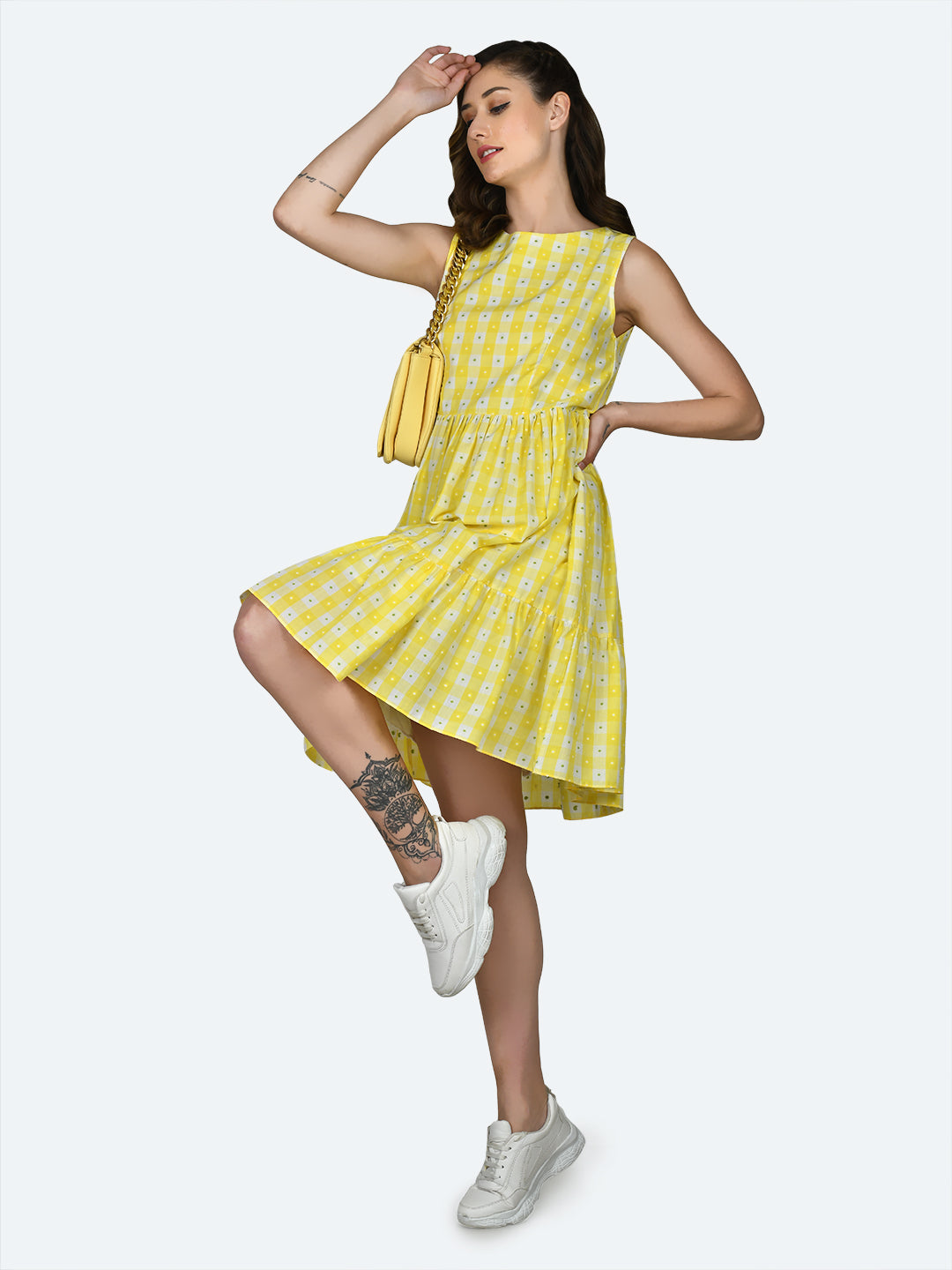 Multicolored Checked Tiered Short Dress For Women