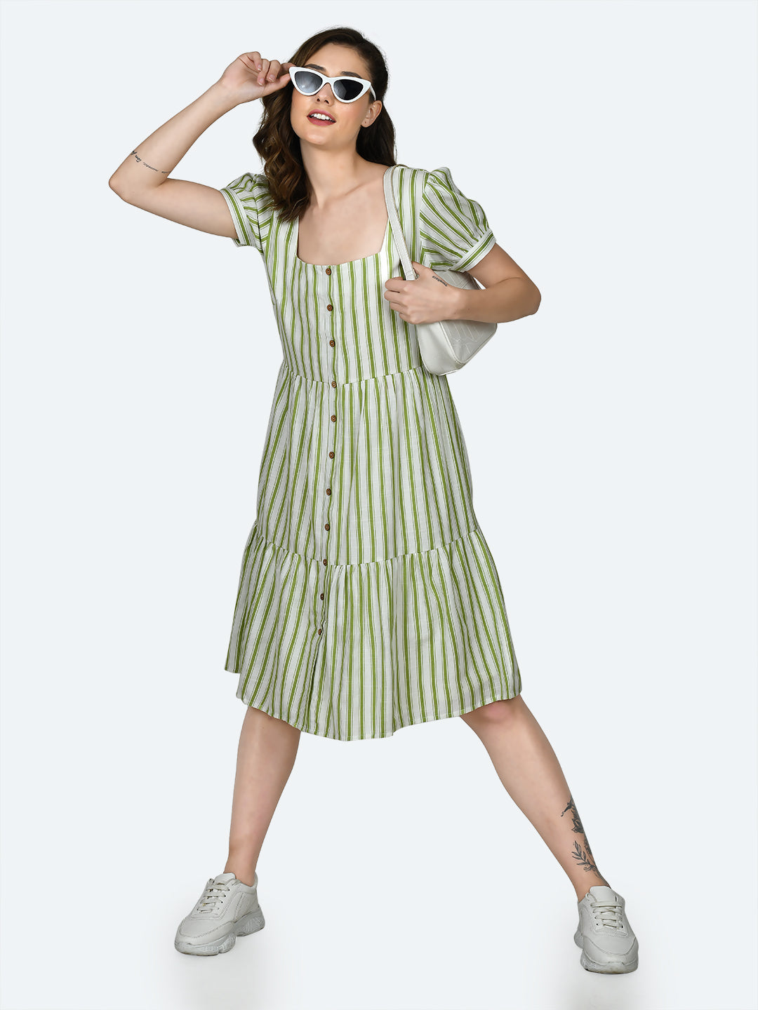 Multicolored Striped Puff Sleeve Midi Dress