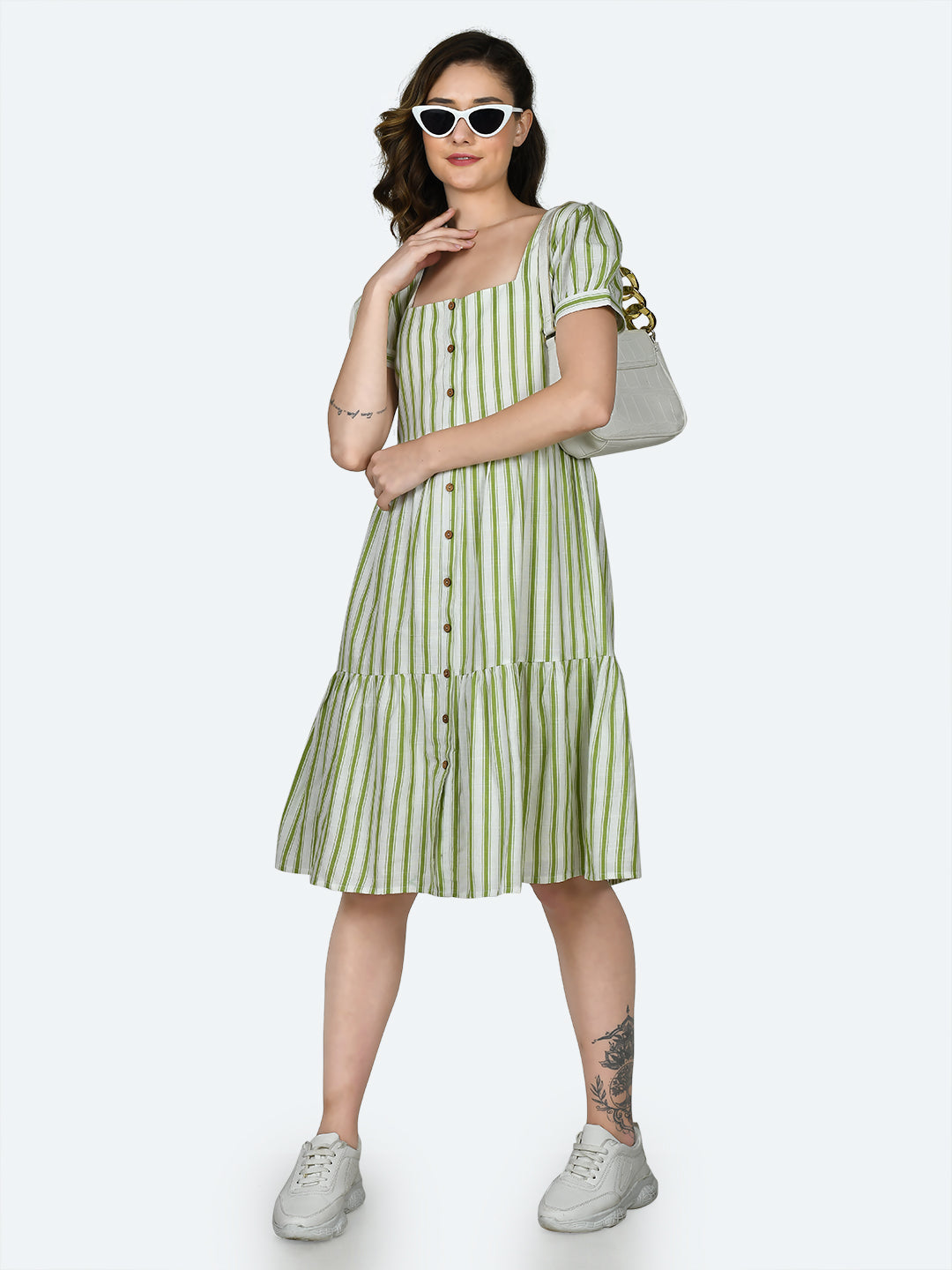 Multicolored Striped Puff Sleeve Midi Dress