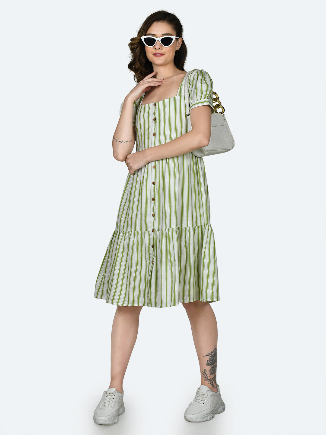 Multicolored Striped Puff Sleeve Midi Dress For Women