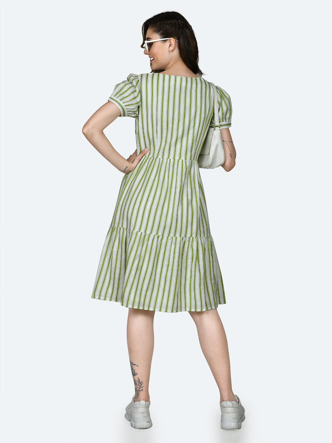 Multicolored Striped Puff Sleeve Midi Dress