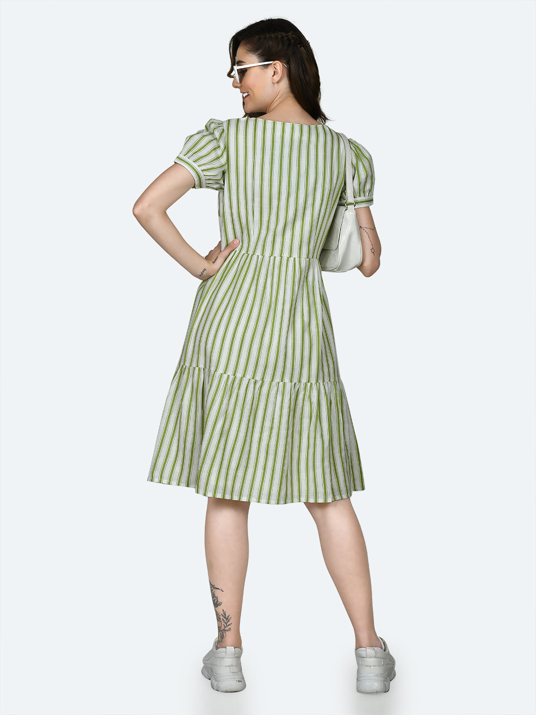 Multicolored Striped Puff Sleeve Midi Dress For Women