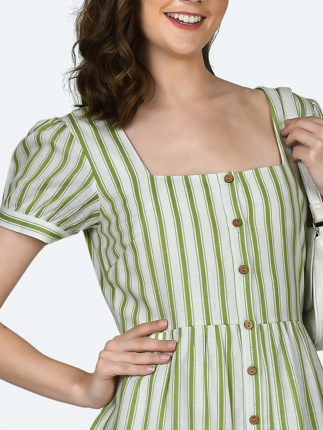 Multicolored Striped Puff Sleeve Midi Dress
