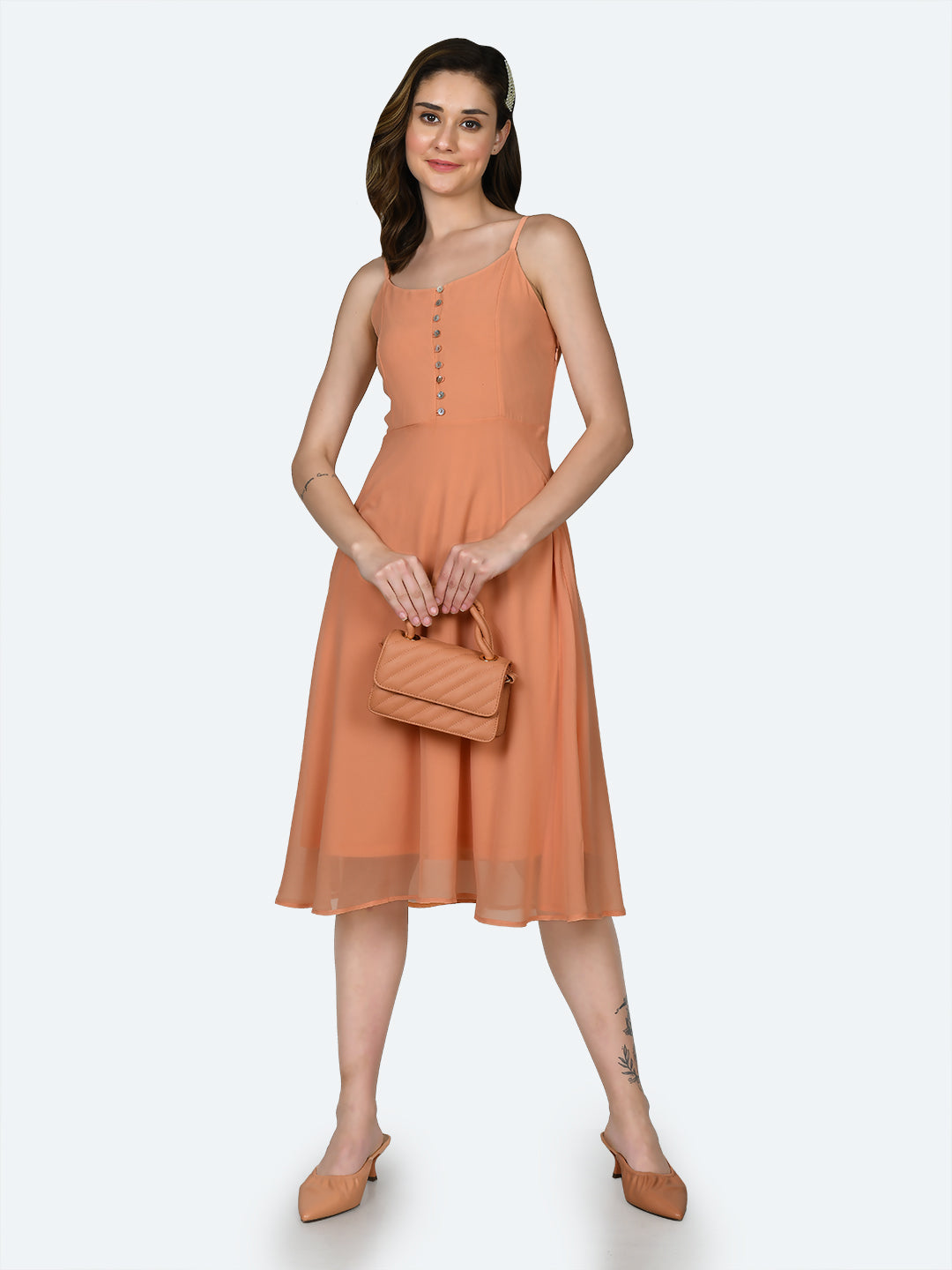 Orange Solid Strappy Midi Dress