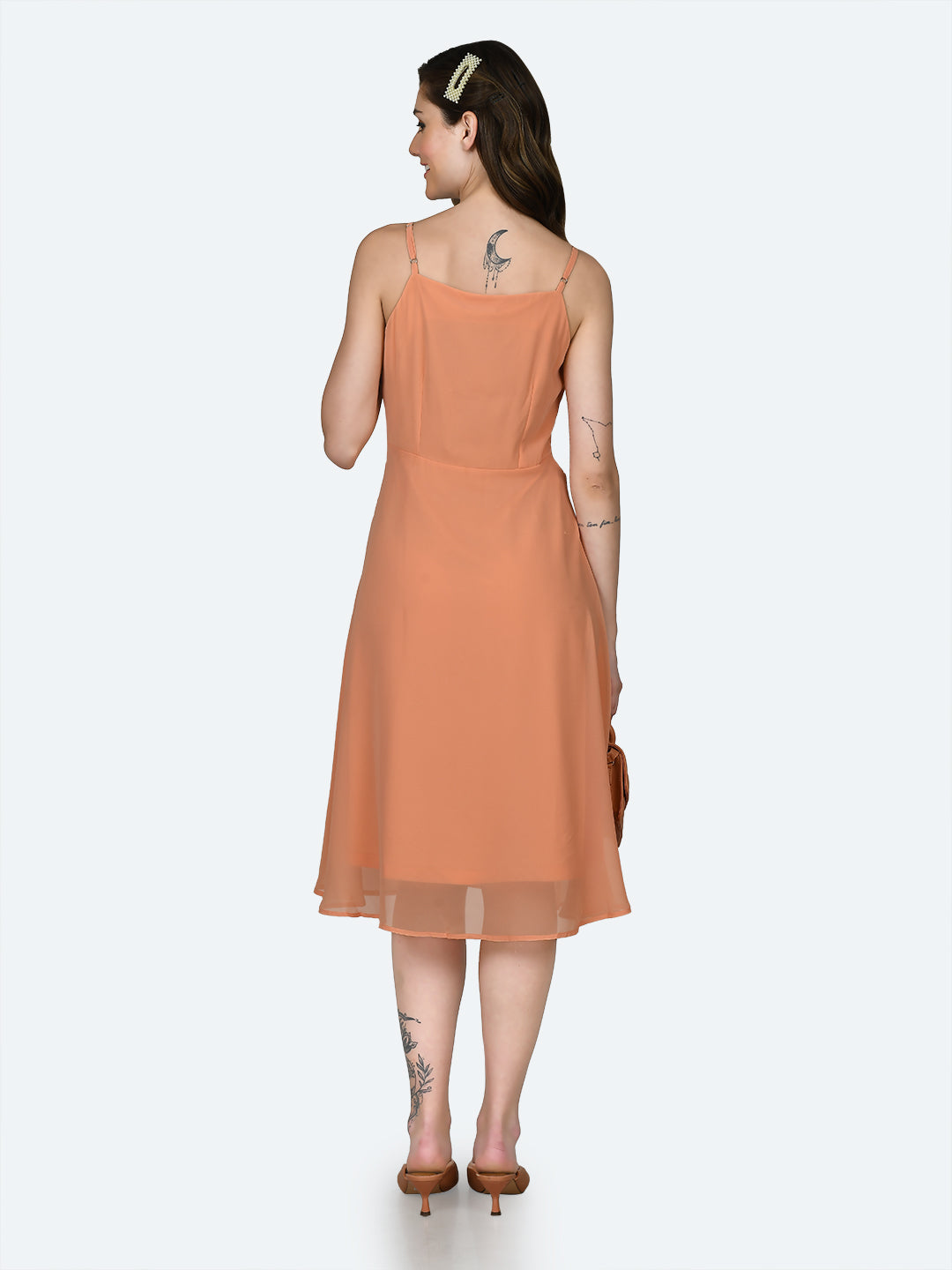 Orange Solid Strappy Midi Dress