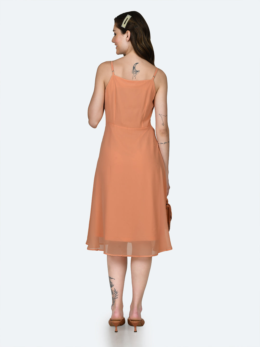 Orange Solid Strappy Midi Dress For Women