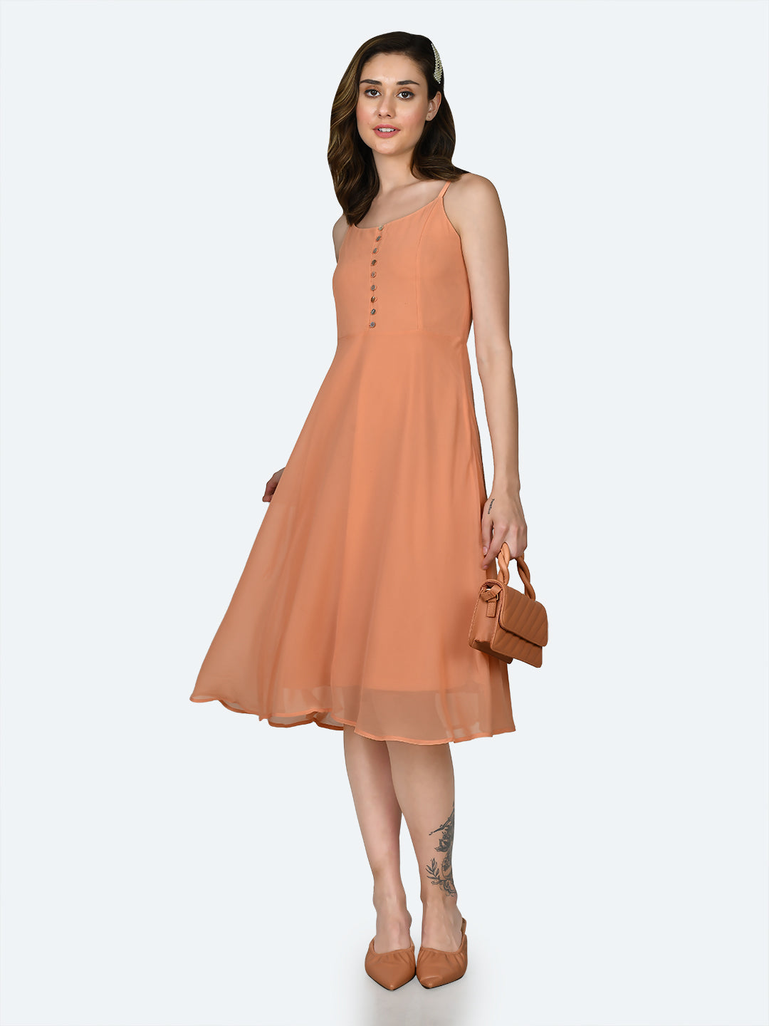 Orange Solid Strappy Midi Dress