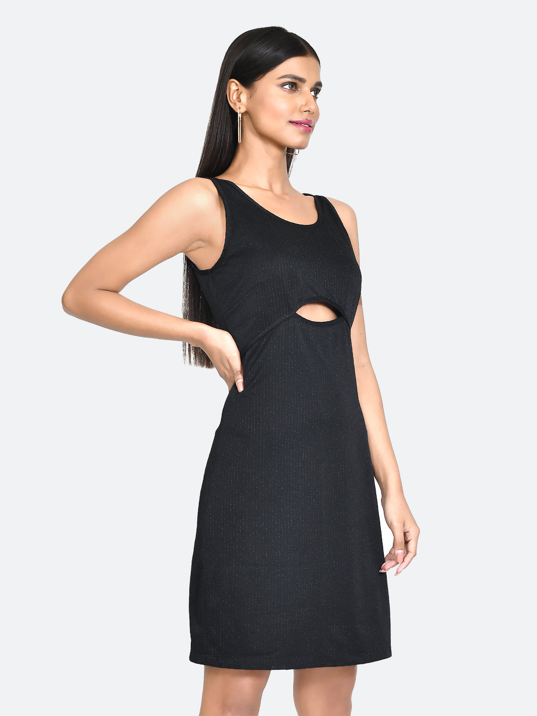 Black Embellished Cut Out Short Dress For Women