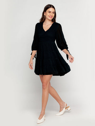Black Solid Tiered Short Dress For Women