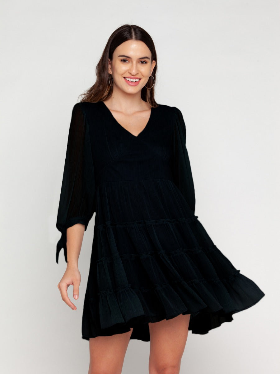 Black Solid Tiered Short Dress For Women