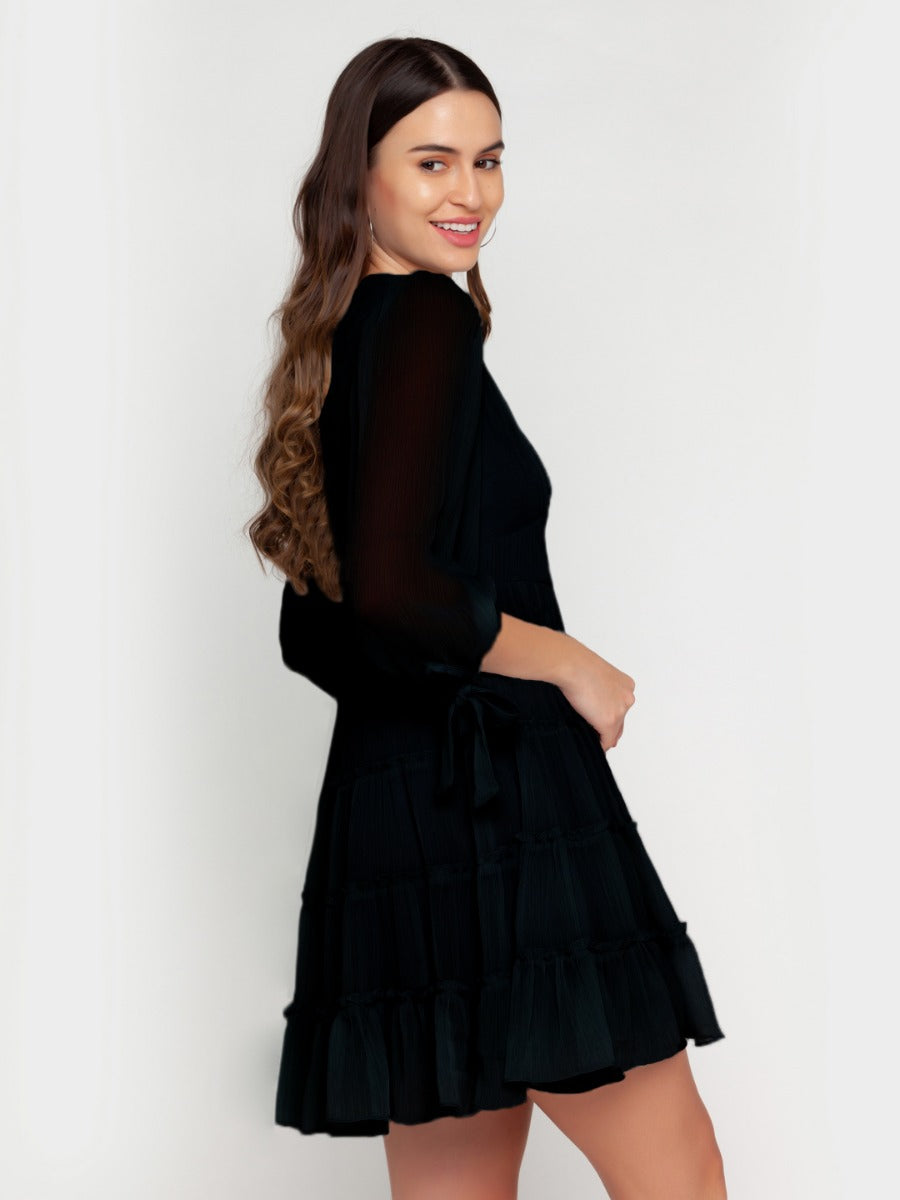 Black Solid Tiered Short Dress