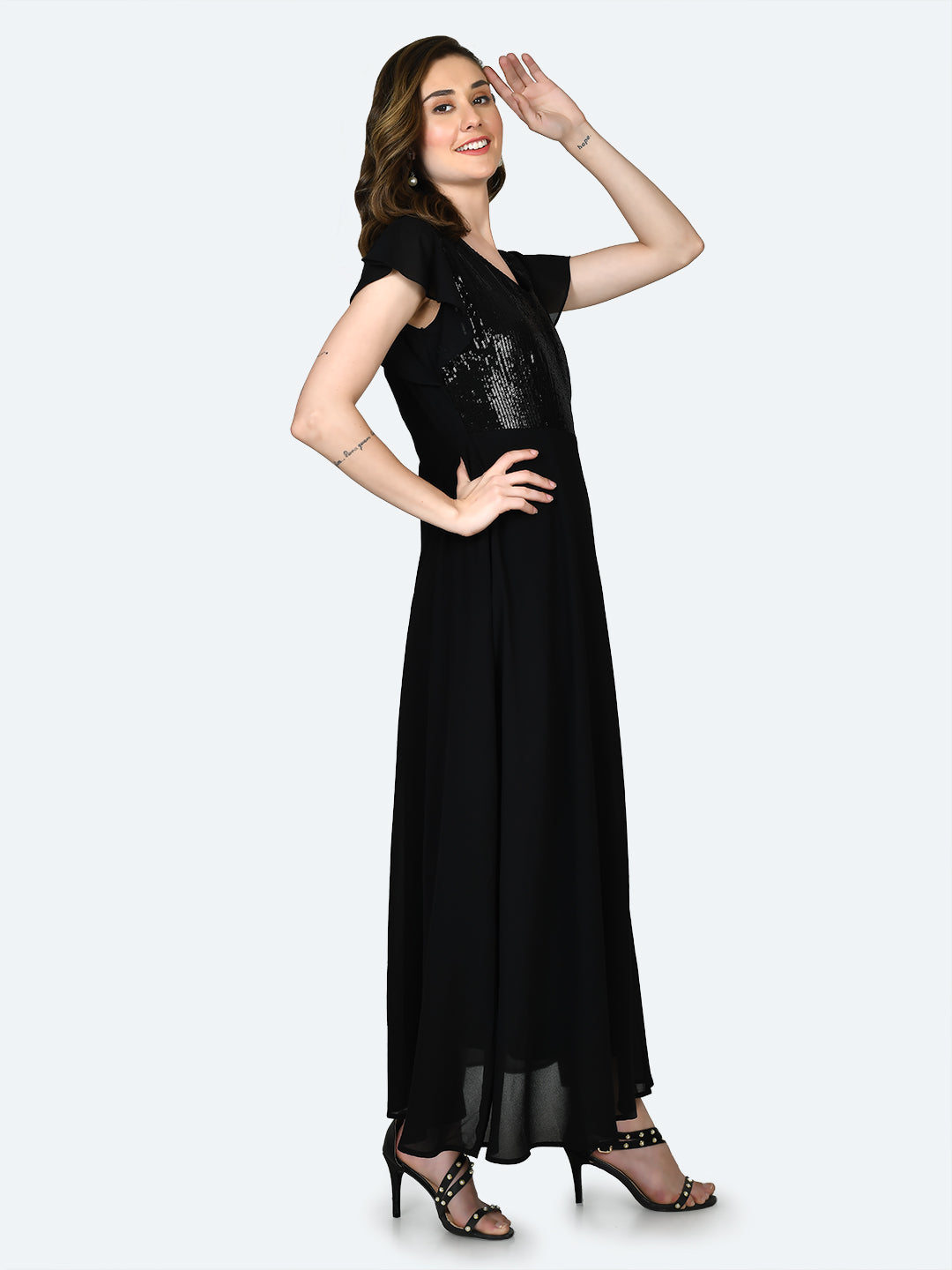 Black Embellished Flared Sleeve Maxi Dress