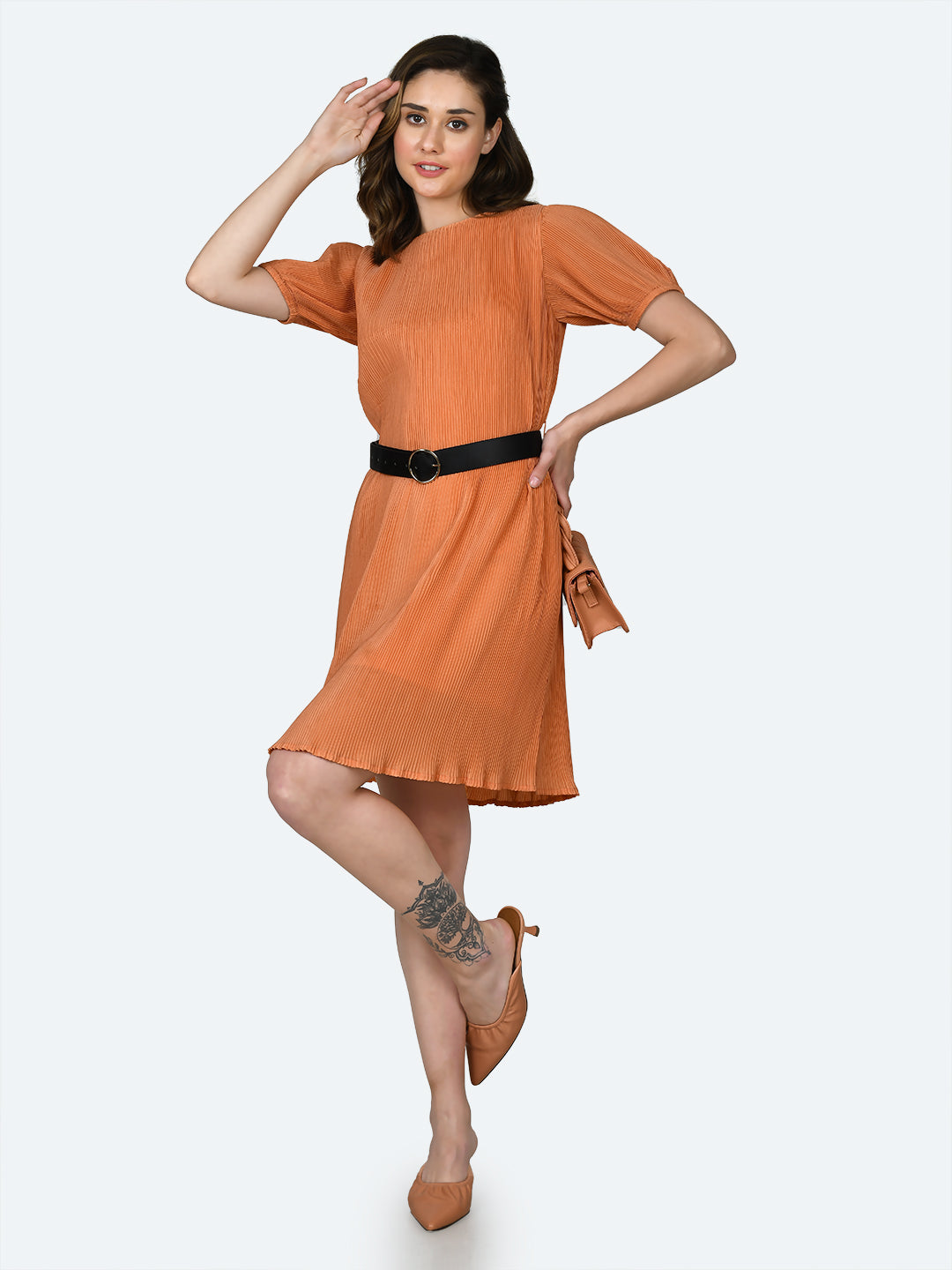 Orange Self Design Pleated Short Dress