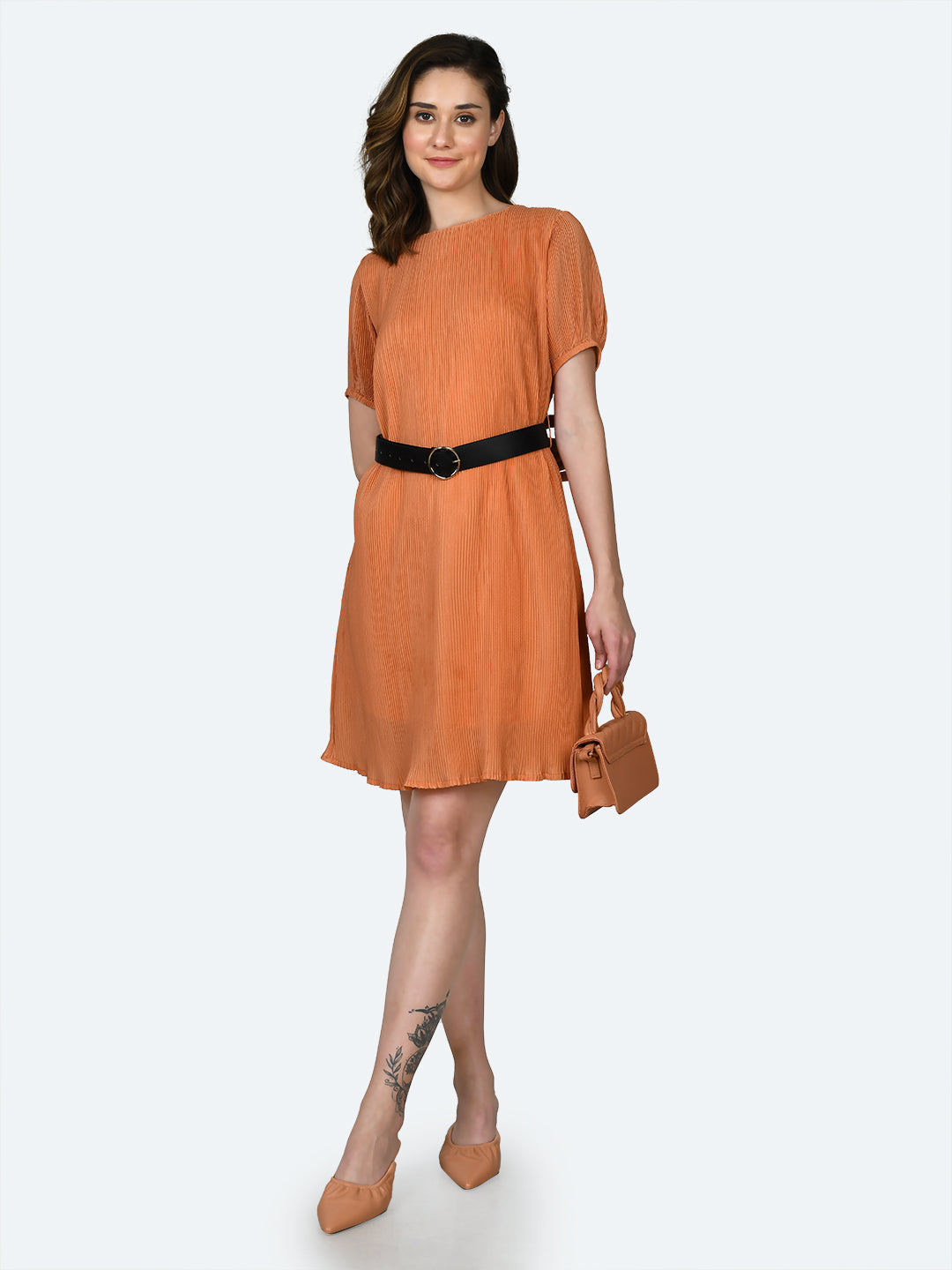 Orange Self Design Pleated Short Dress