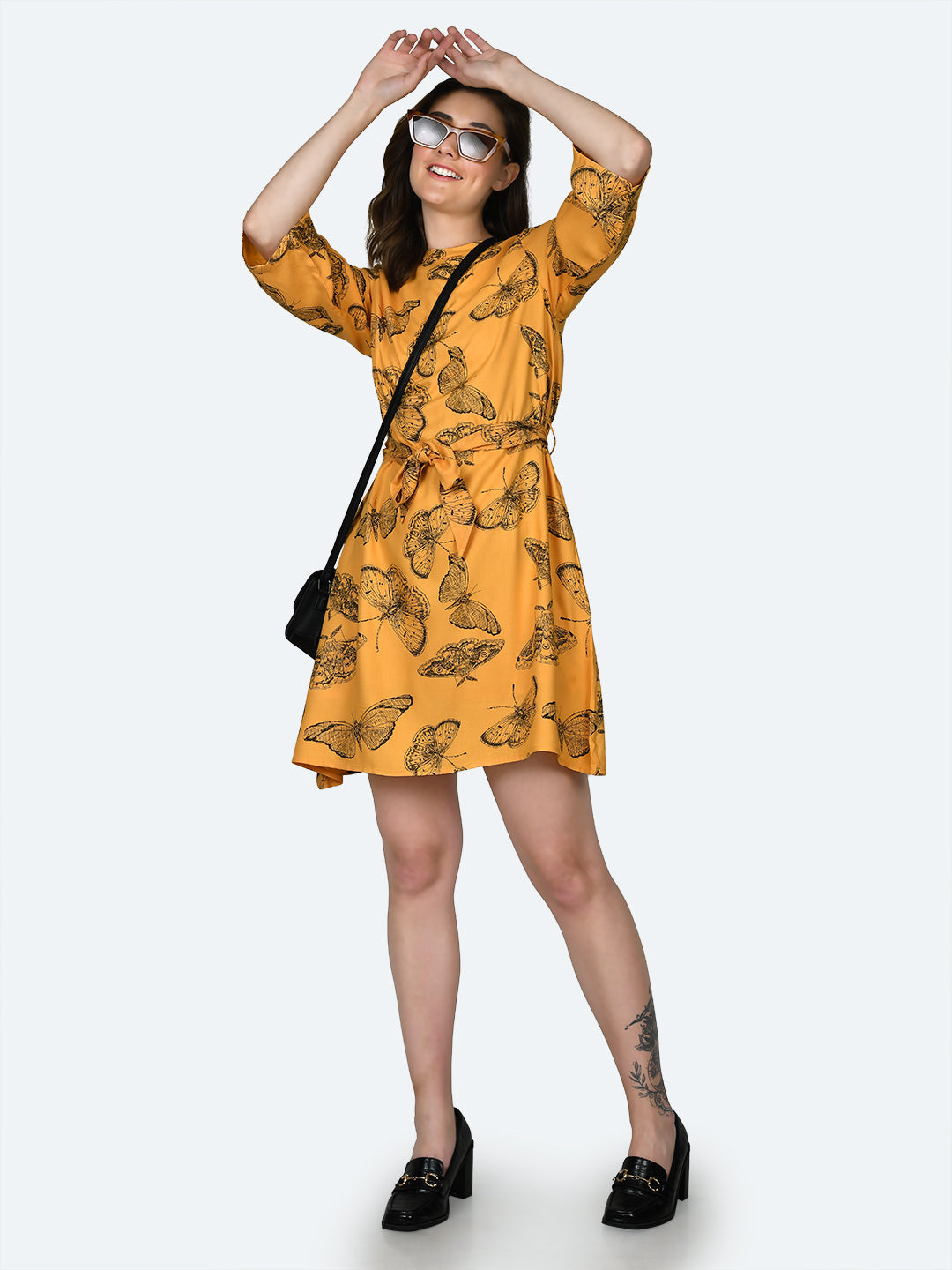 Yellow Printed Tie-Up Short Dress