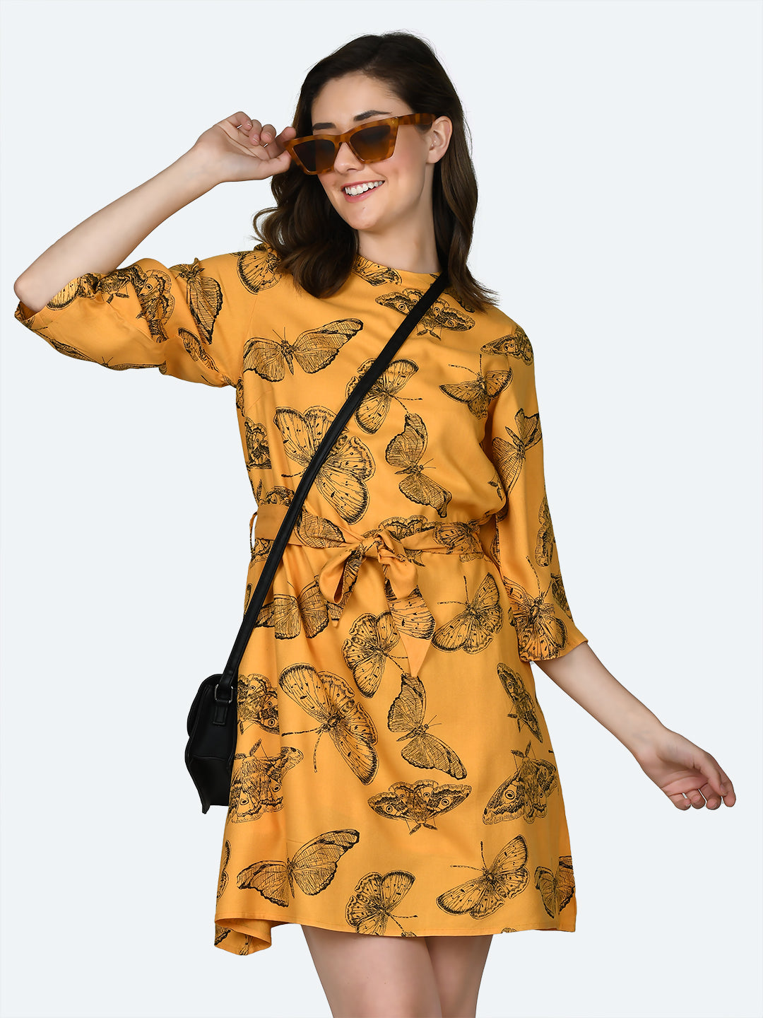 Yellow Printed Tie-Up Short Dress