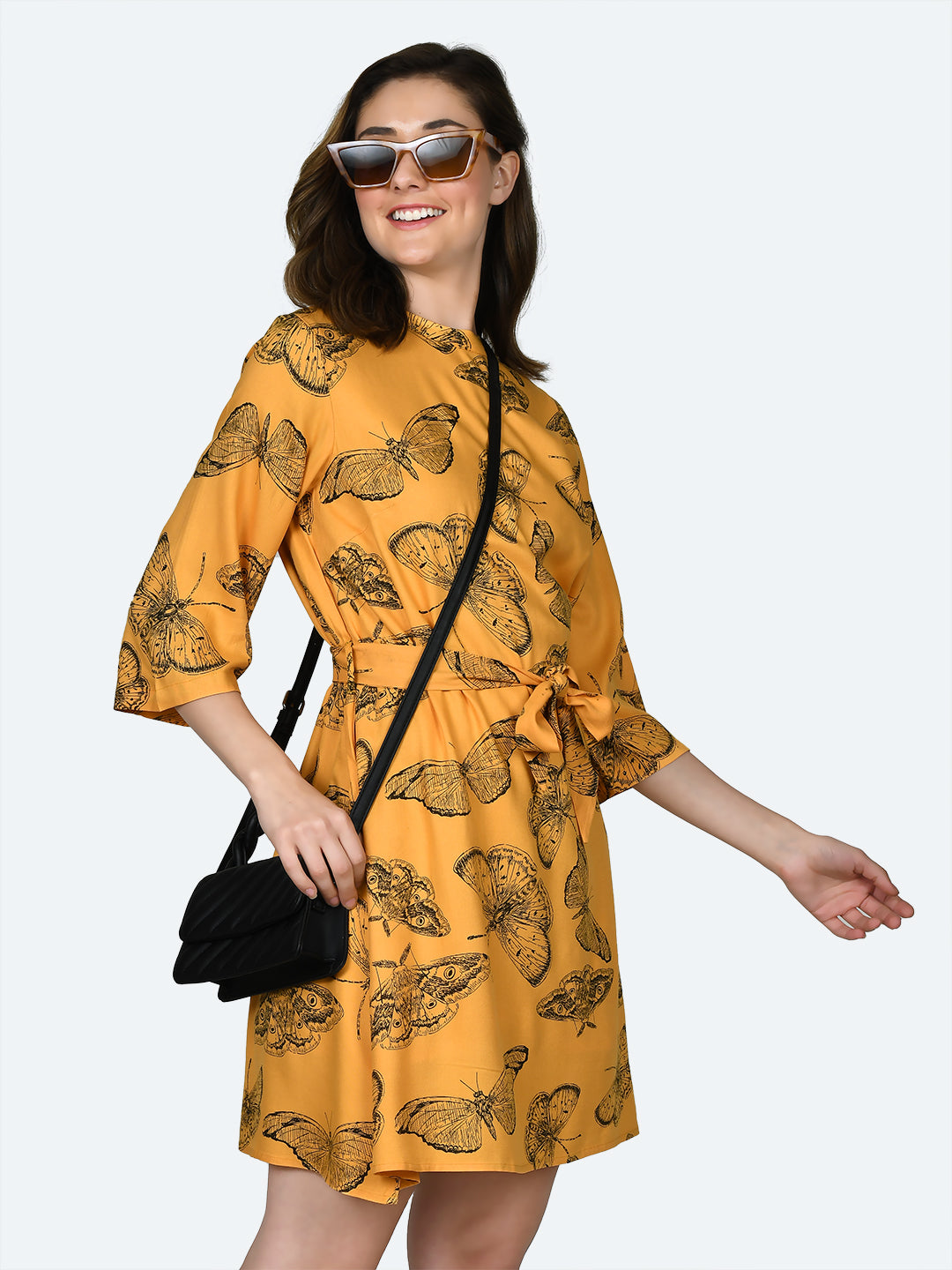 Yellow Printed Tie-Up Short Dress