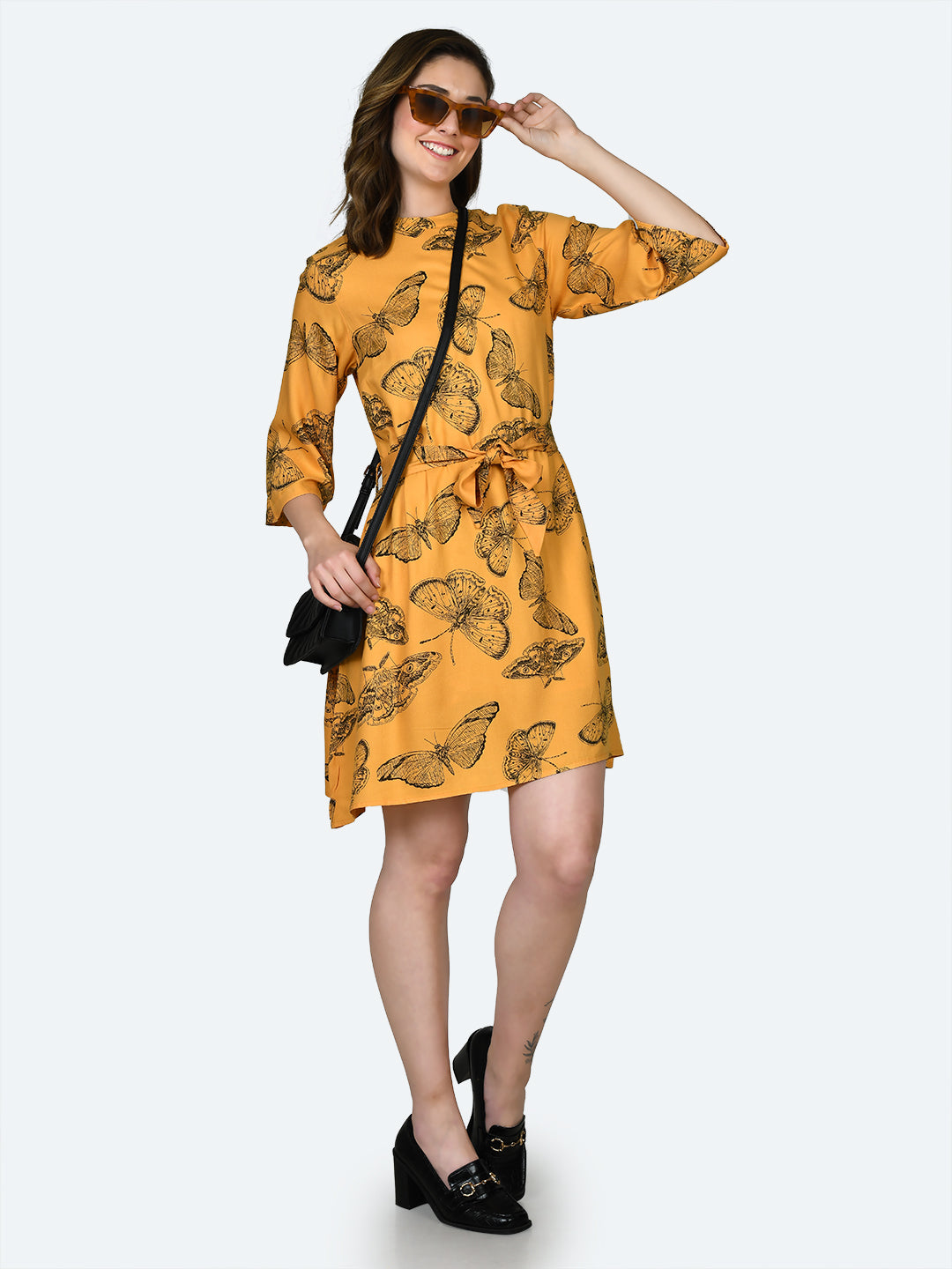 Yellow Printed Tie-Up Short Dress