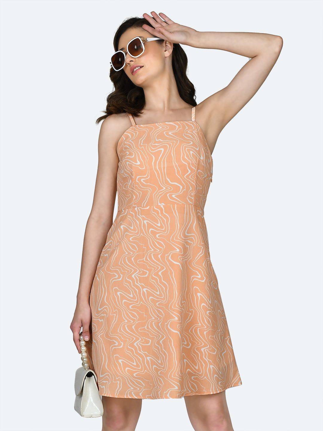 Peach Printed Strappy Short Dress For Women