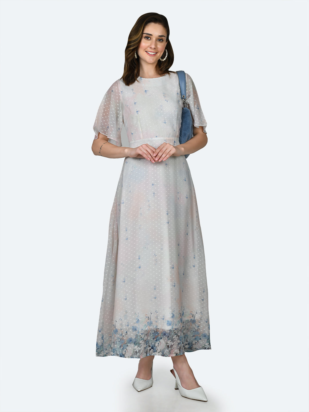 Off White Printed Flared Sleeve Maxi Dress For Women