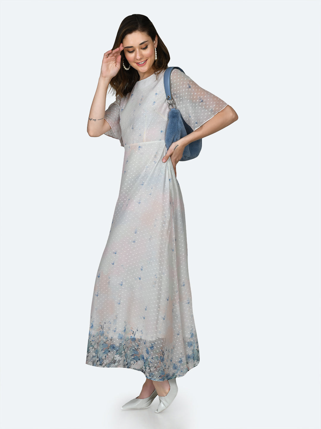 Off White Printed Flared Sleeve Maxi Dress For Women
