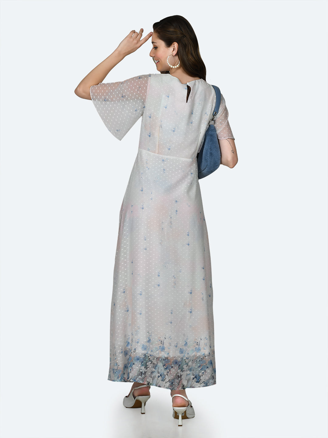 Off White Printed Flared Sleeve Maxi Dress