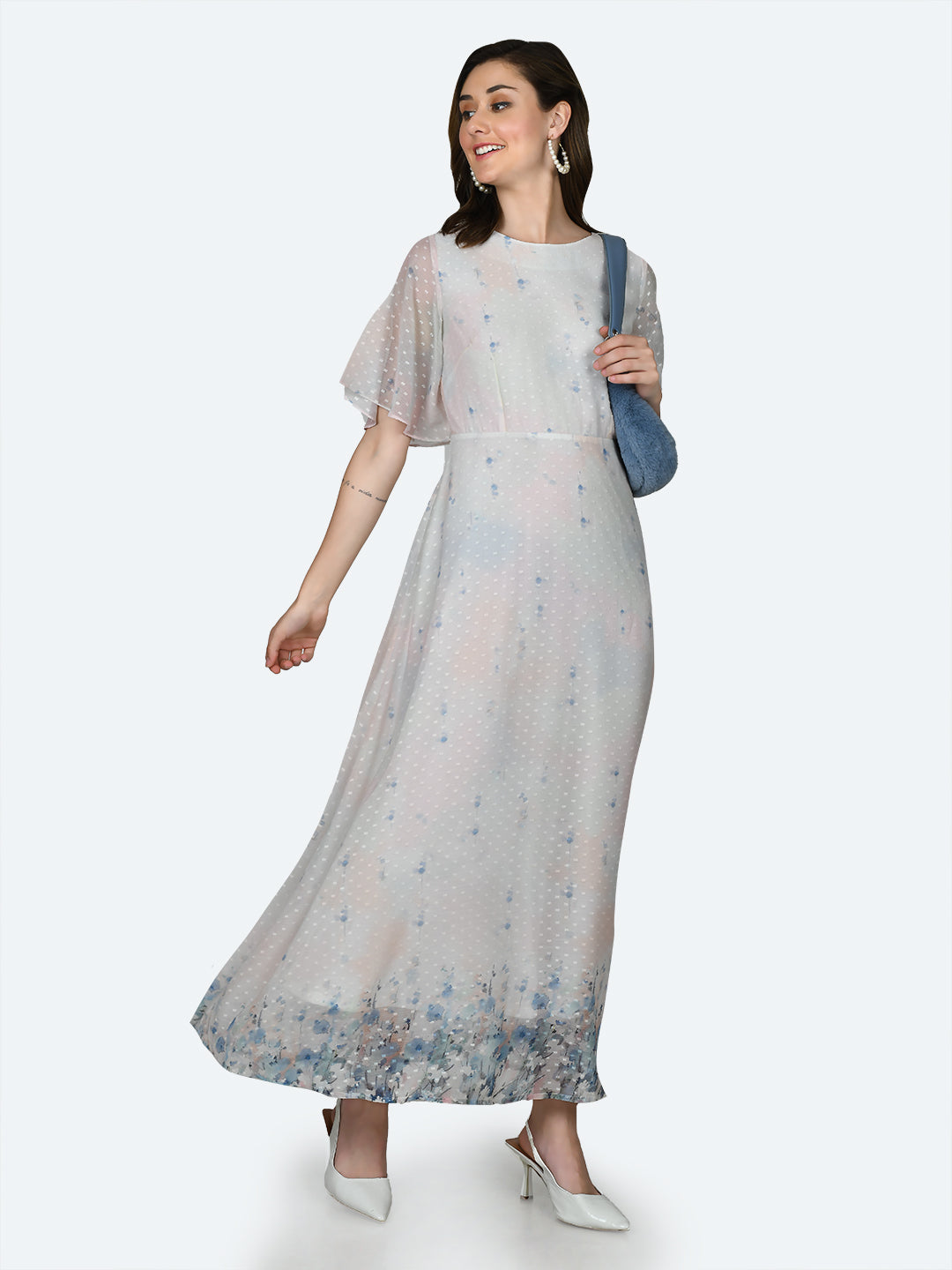 Off White Printed Flared Sleeve Maxi Dress