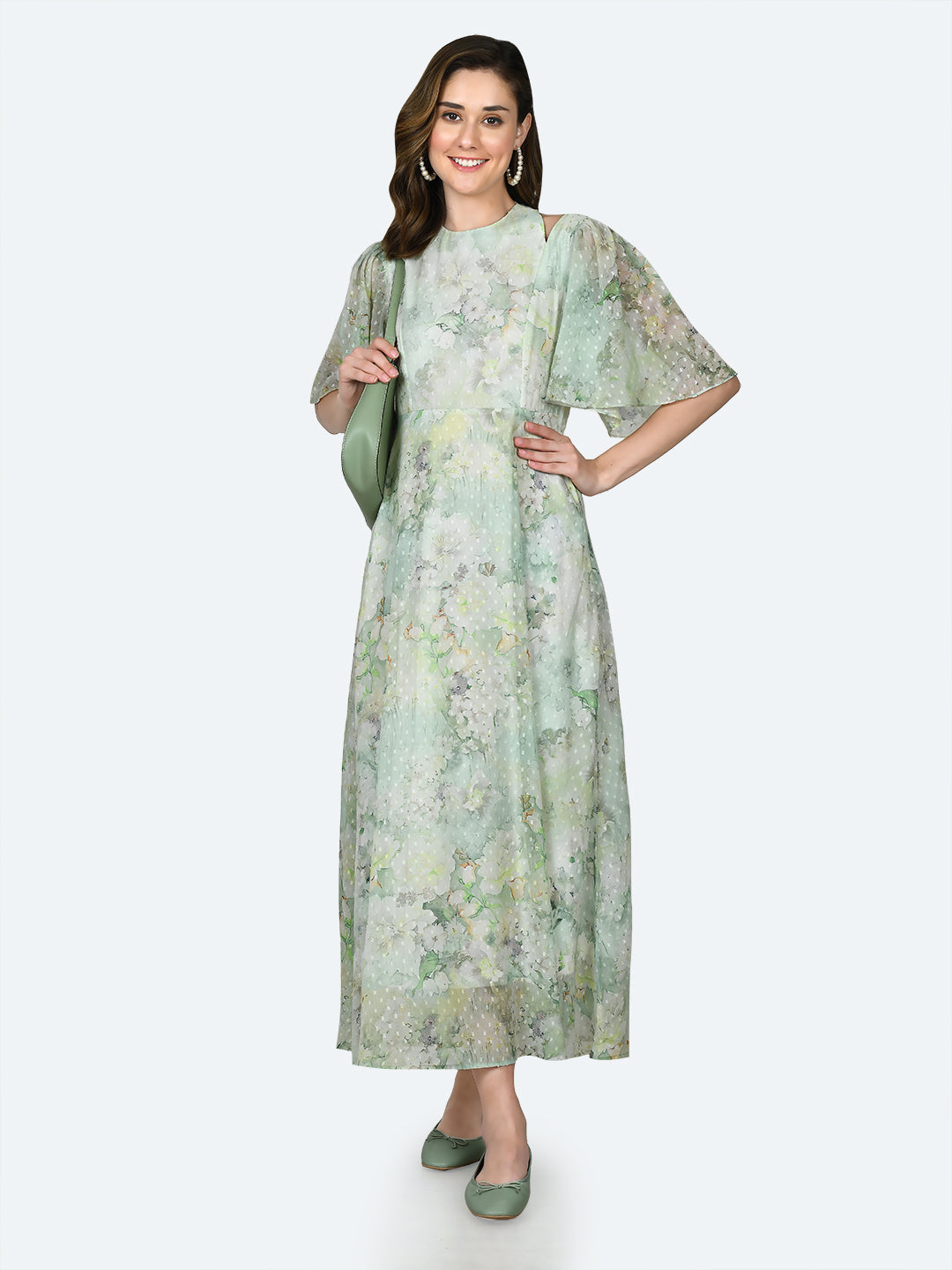 Green Printed Cut Out Maxi Dress For Women