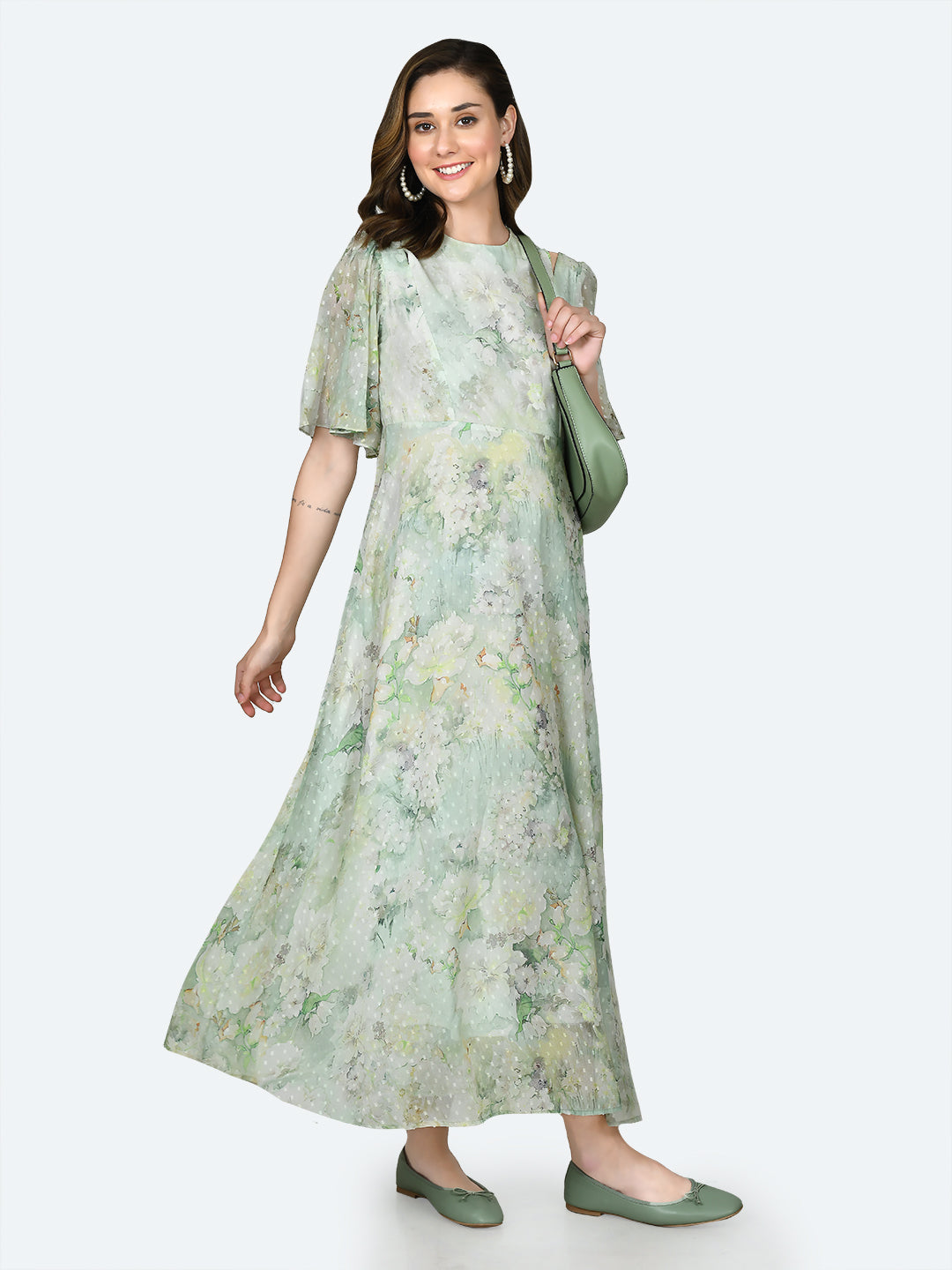 Green Printed Cut Out Maxi Dress For Women
