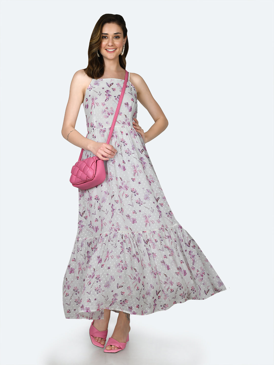 Women Pink Floral Strappy Maxi Dress