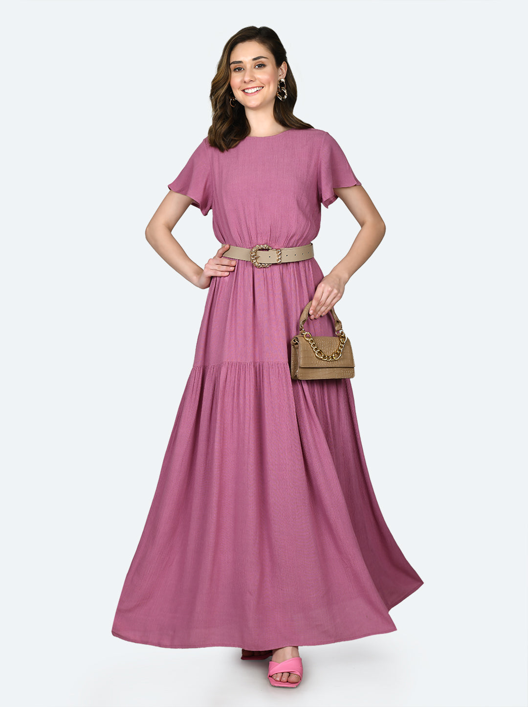 Pink Solid Flared Sleeve Maxi Dress