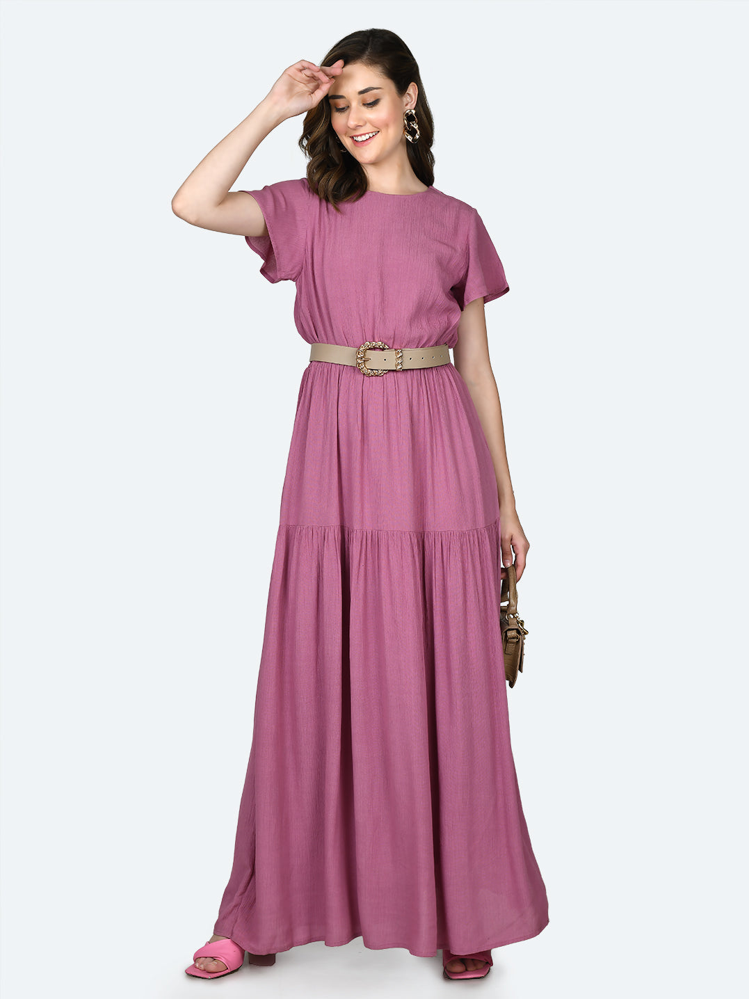 Pink Solid Flared Sleeve Maxi Dress