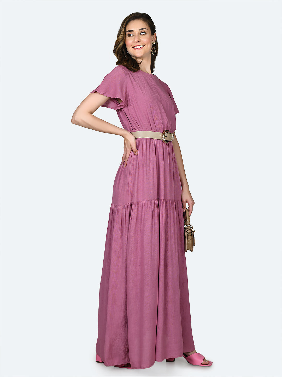 Pink Solid Flared Sleeve Maxi Dress