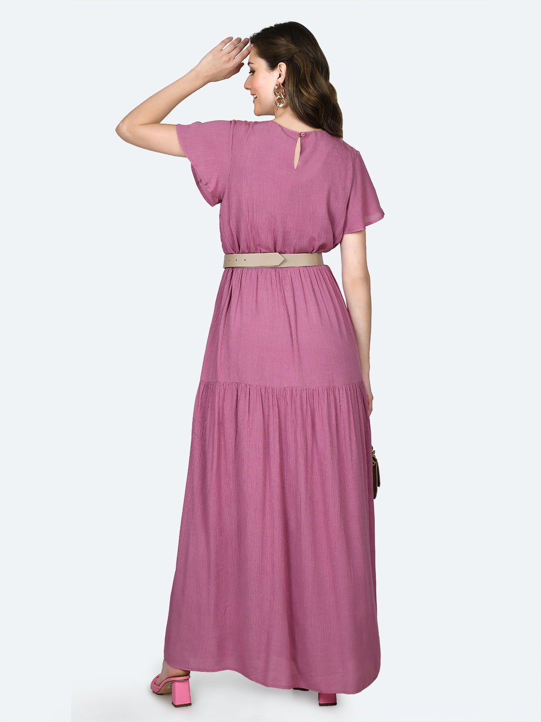 Pink Solid Flared Sleeve Maxi Dress