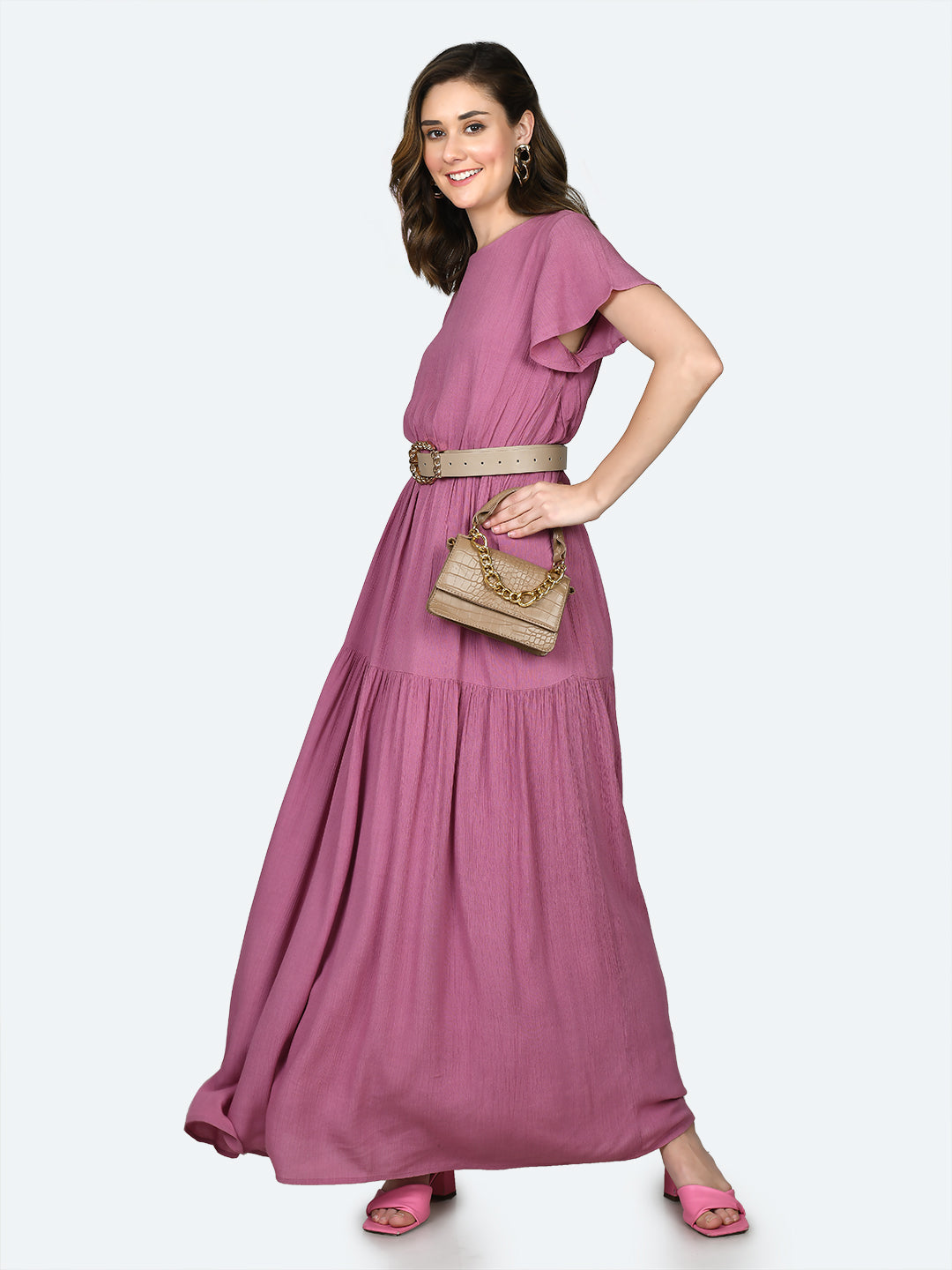 Pink Solid Flared Sleeve Maxi Dress