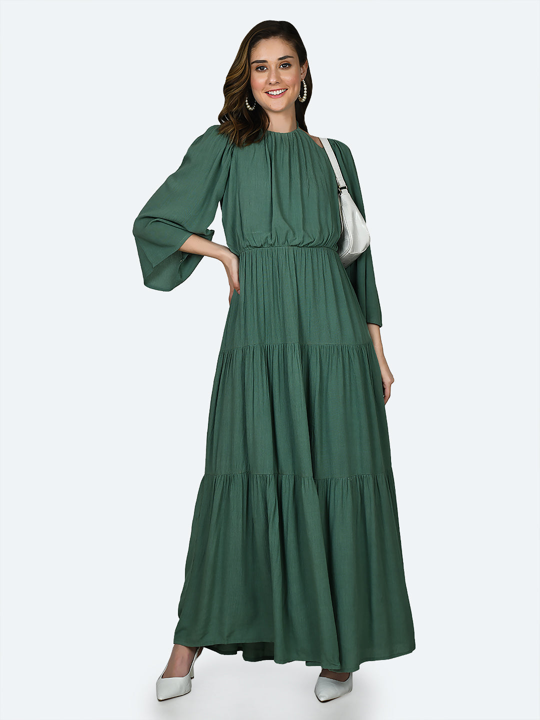 Green Solid Cut Out Maxi Dress For Women