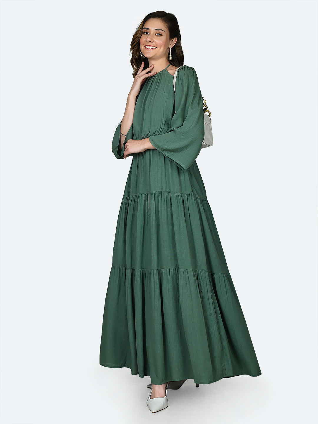 Green Solid Cut Out Maxi Dress For Women