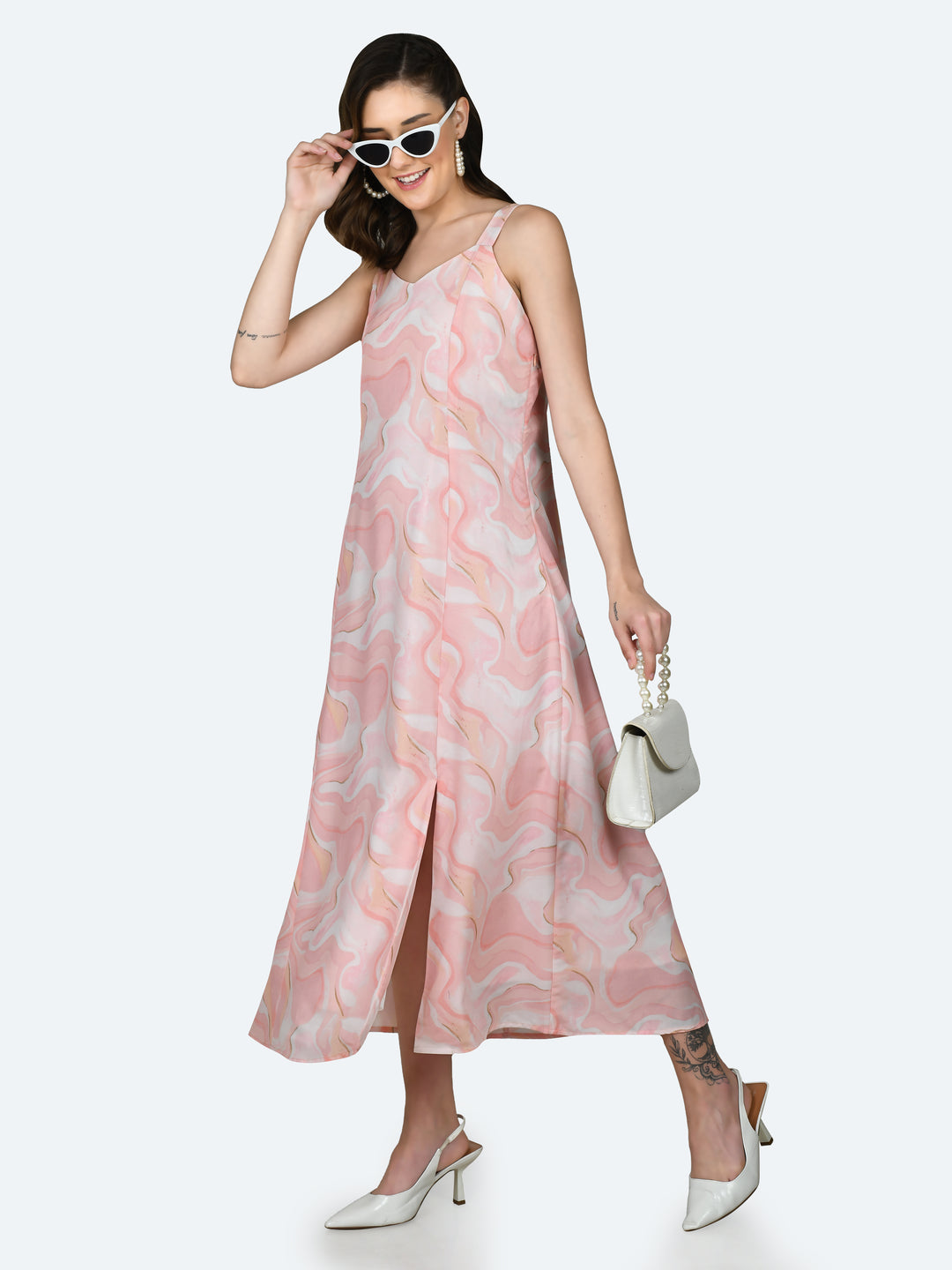 Peach Printed Strappy Maxi Dress